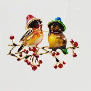 2 Birds Sitting on Branch Enamel Brooch (486)